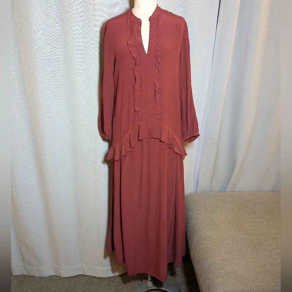 TOAST UK Red Dress Midi Maxi Ruffle Long Sleeve Size UK 6 US 2 Long Sleeve